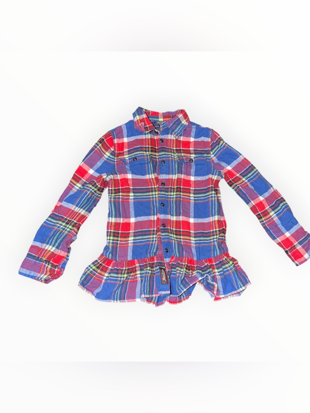Polo by Ralph Lauren Red & Blue Plaid Ruffle Hem Button-Down Size 6
